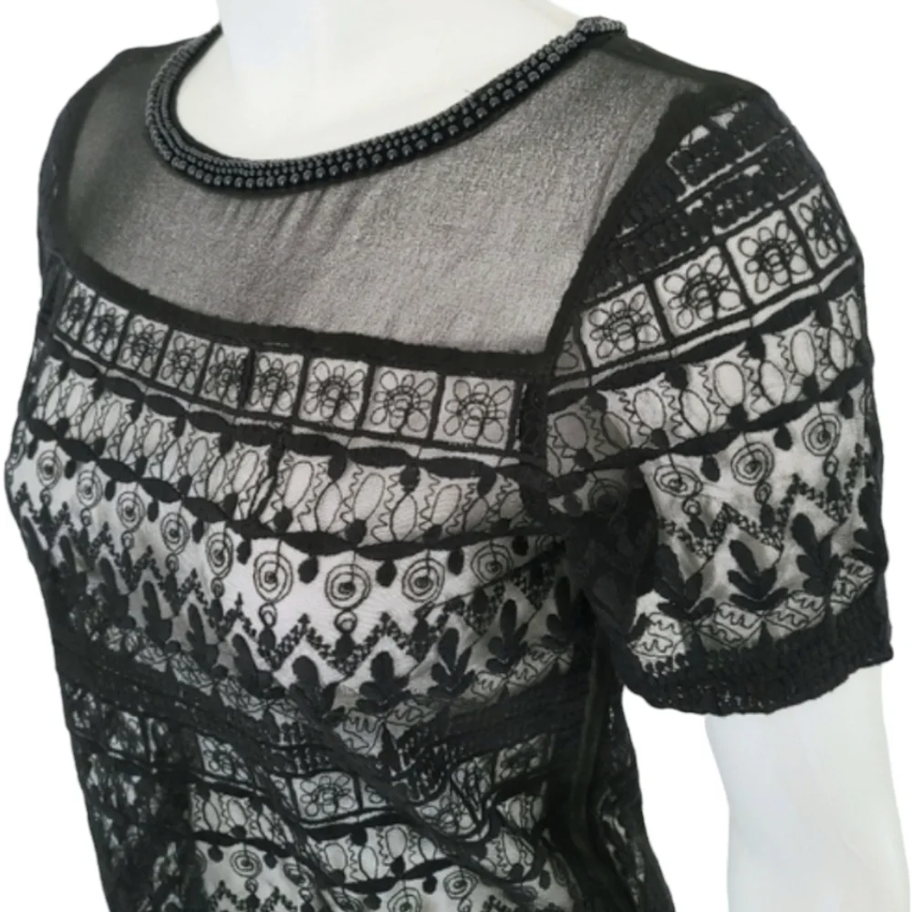 ZARA Black Sheer Lace Tee XS Beaded Neckline Mesh Nylon Punk Goth Sexy Top